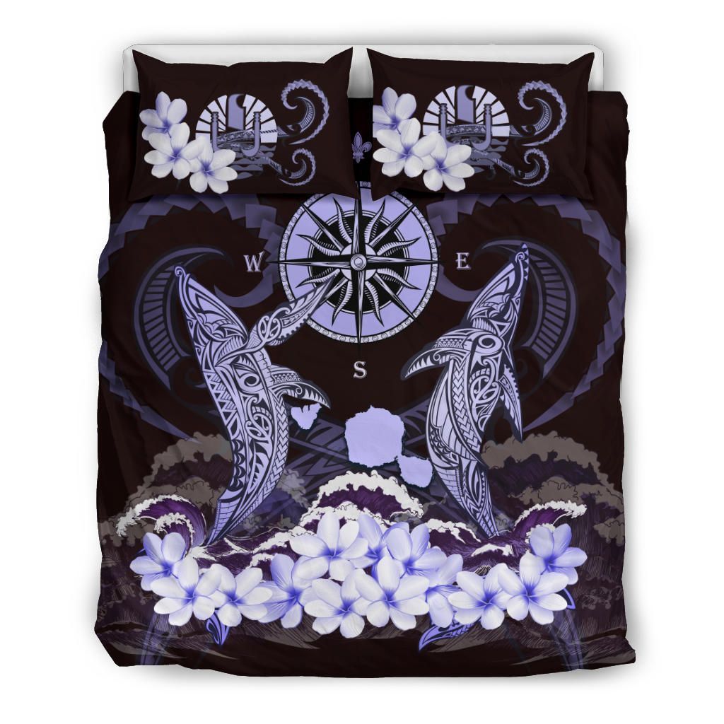 Alohawaii Bedding Set – Cover And Pillow Cases Tahiti – Shark Polynesia Compass Plumeria Purple A24