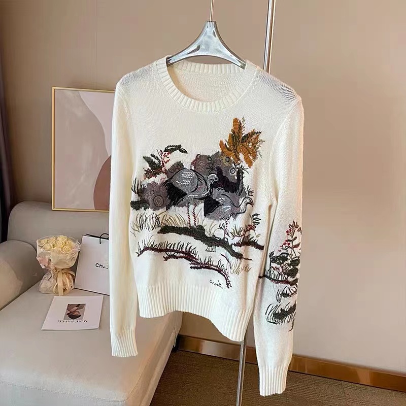 Women’s Autumn and Winter New High-end Temperament Round Neck Long Sleeve Retro Embroidery Flower Fashion Knitted Sweater alx