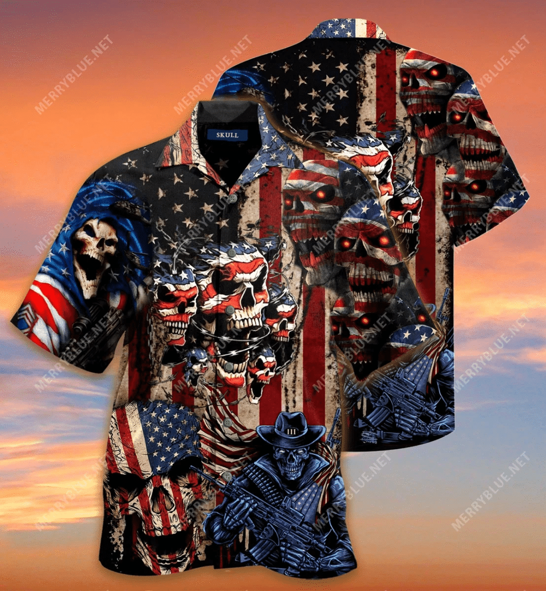 Skull American Flag Cowboy Hawaii Aloha Shirts V Ha89789