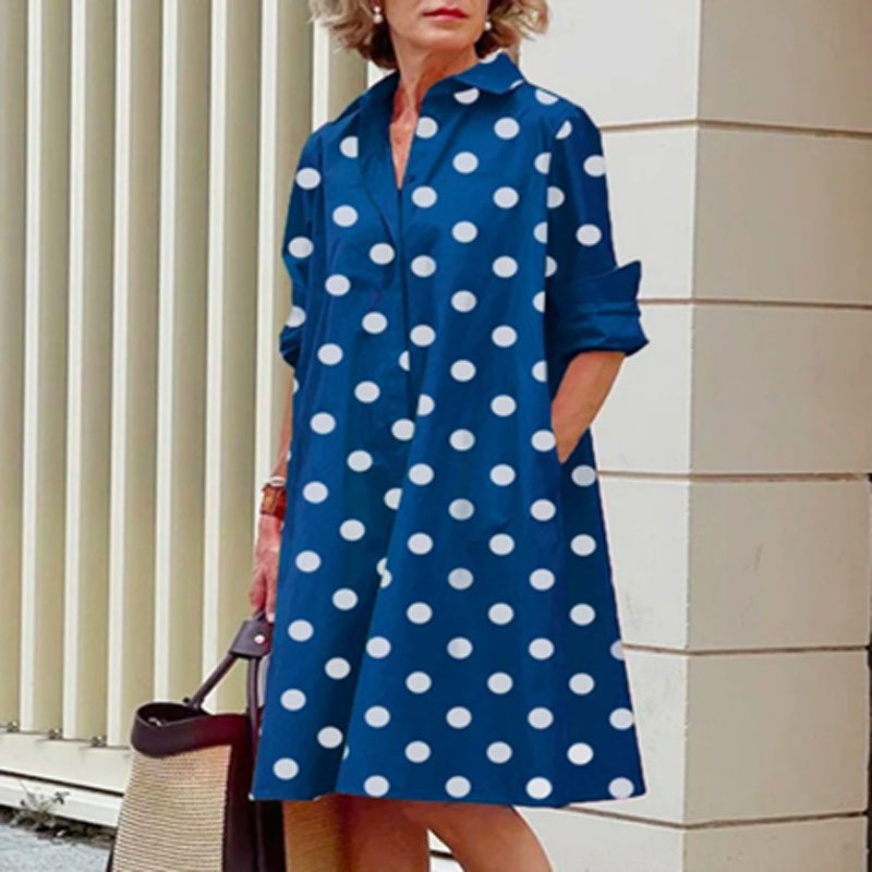 2022 Autumn Casual Polka Dot Print Party Dress Women Fashion Turn-down Collar Loose Dress Office Lady Elegant Long Sleeve Dress alx