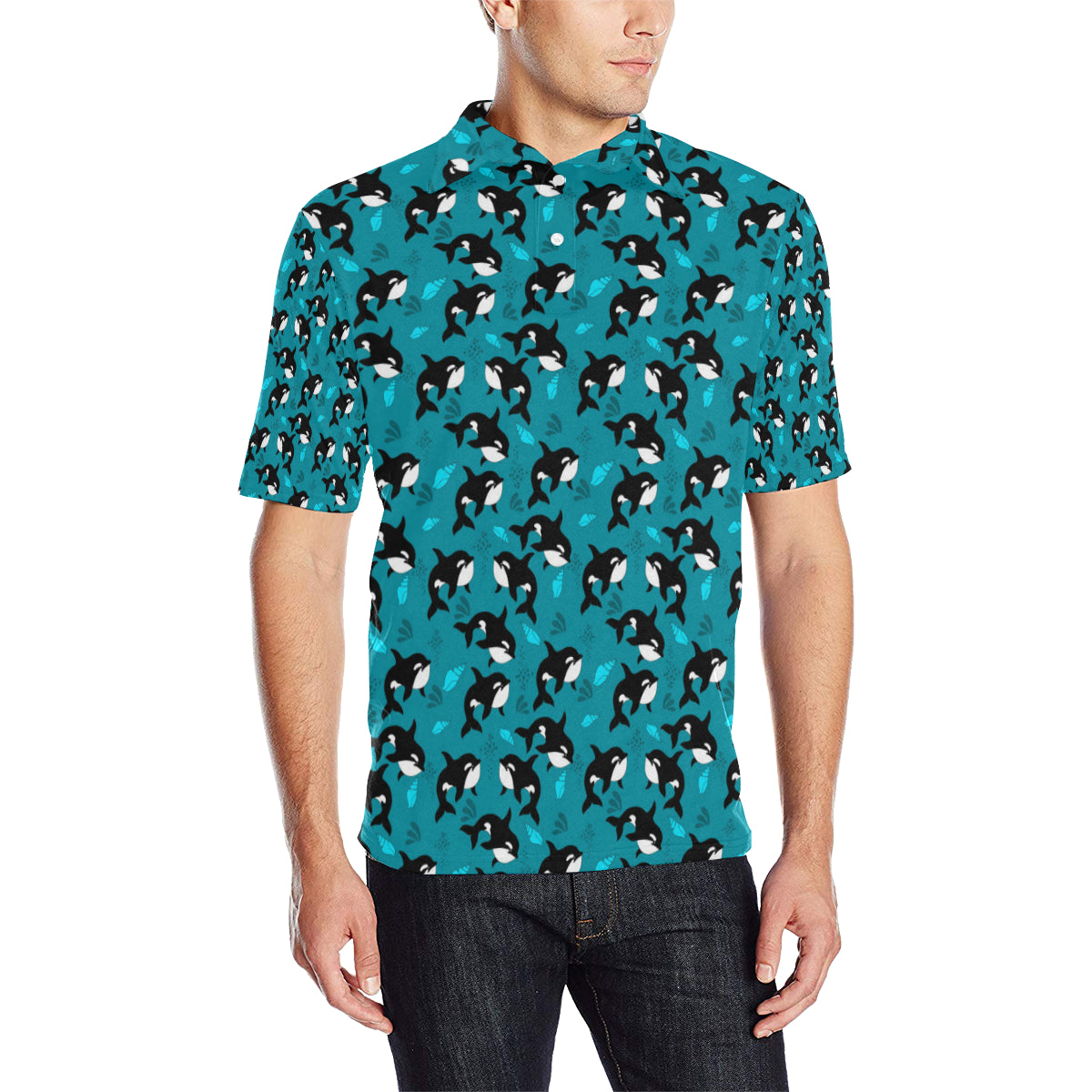 Whale Sea Design Themed Print Men Polo Shirt