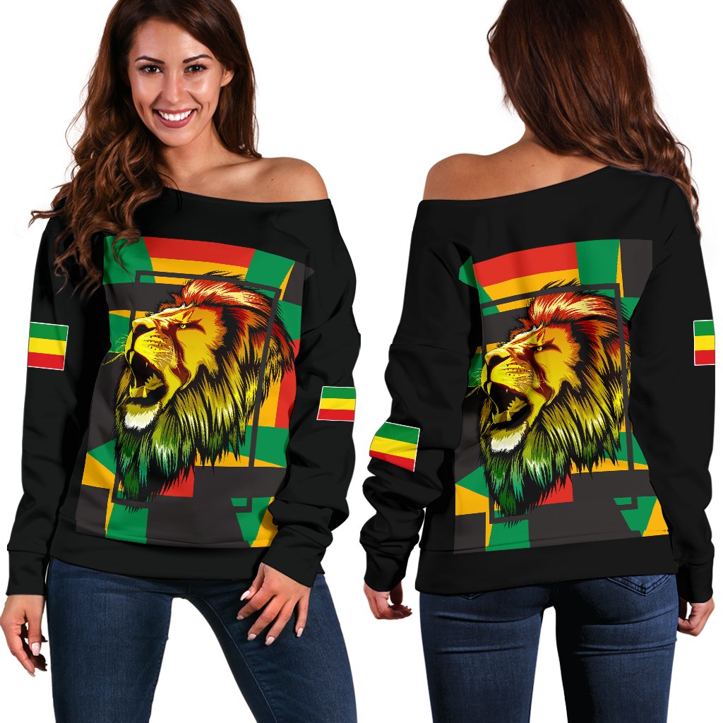 1stTheWorld Ethiopia Off Shoulder Sweater, Ethiopia Lion Abstrato Black A10