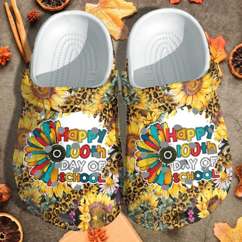 Sunflower Happy 100 Days Of School Leopard Shoes Crocbland Clog Gift