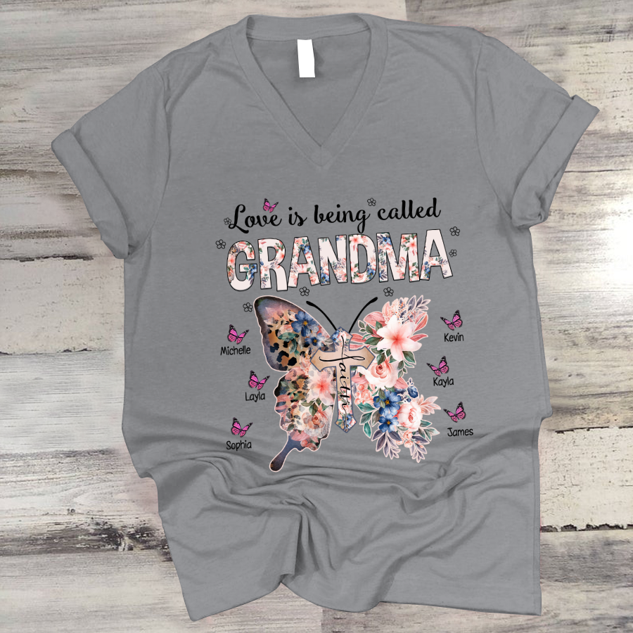 Personalized Love Being Called Grandma Flower Butterfly V-Neck