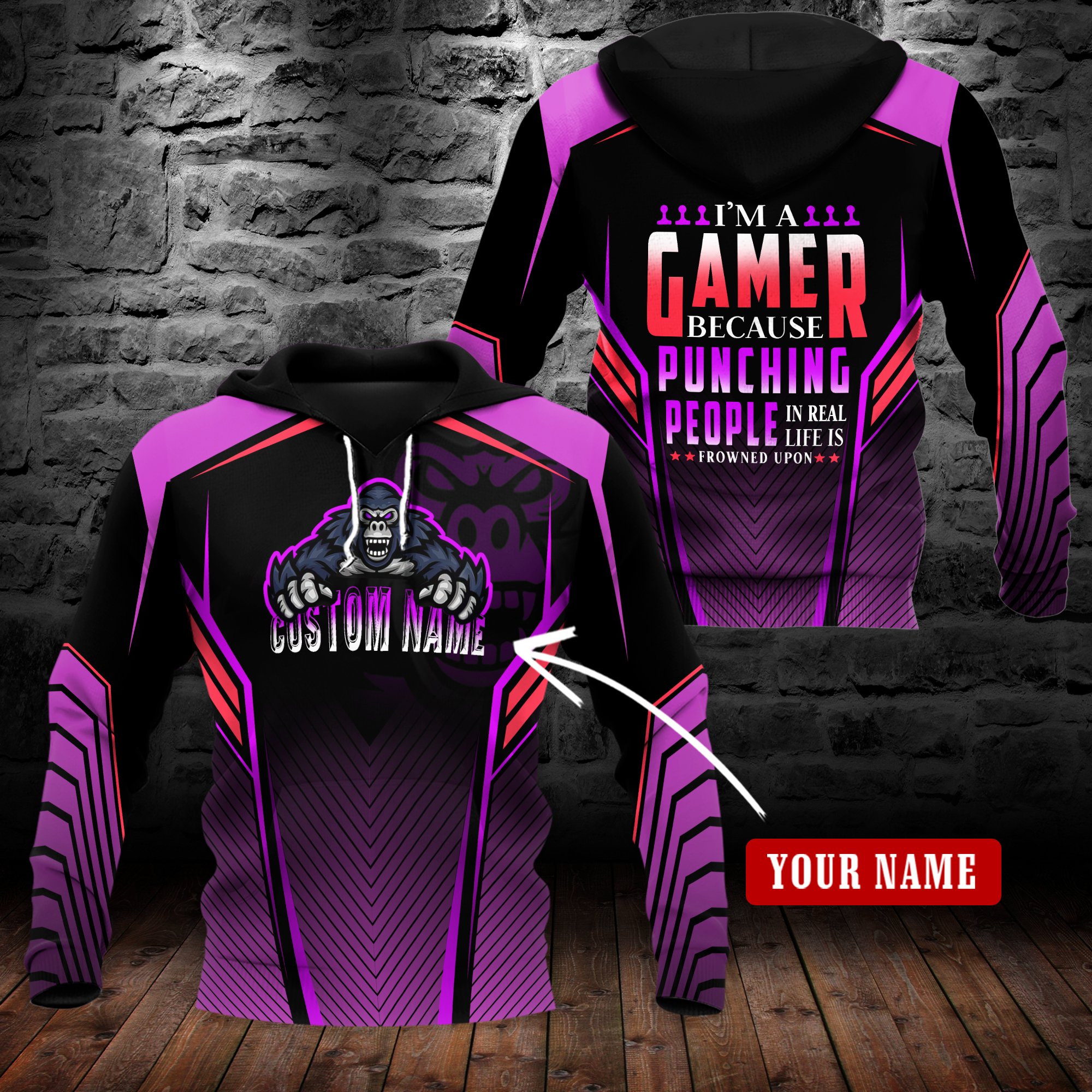 Purple I’m a gamer because punching people in real life is frowned upon Hoodie 3D custom LKT