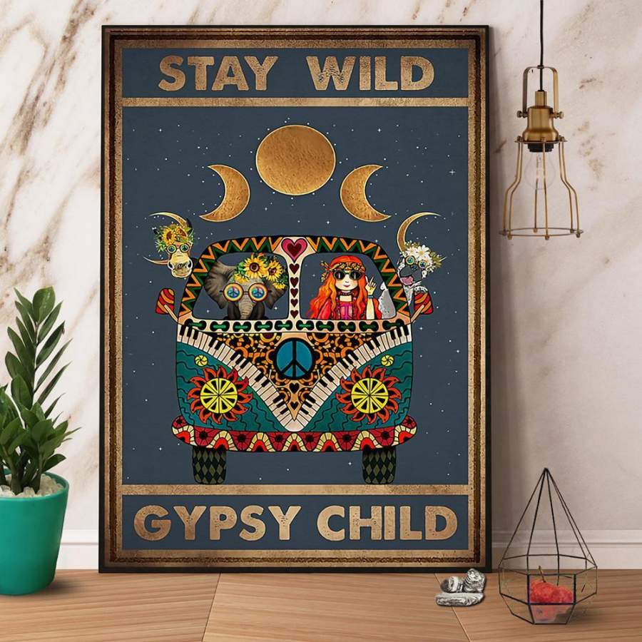 Hippie Car Girl & Elephant Stay Wild Gypsy Child Paper Poster No Frame/ Wrapped Canvas Wall Decor Full Size