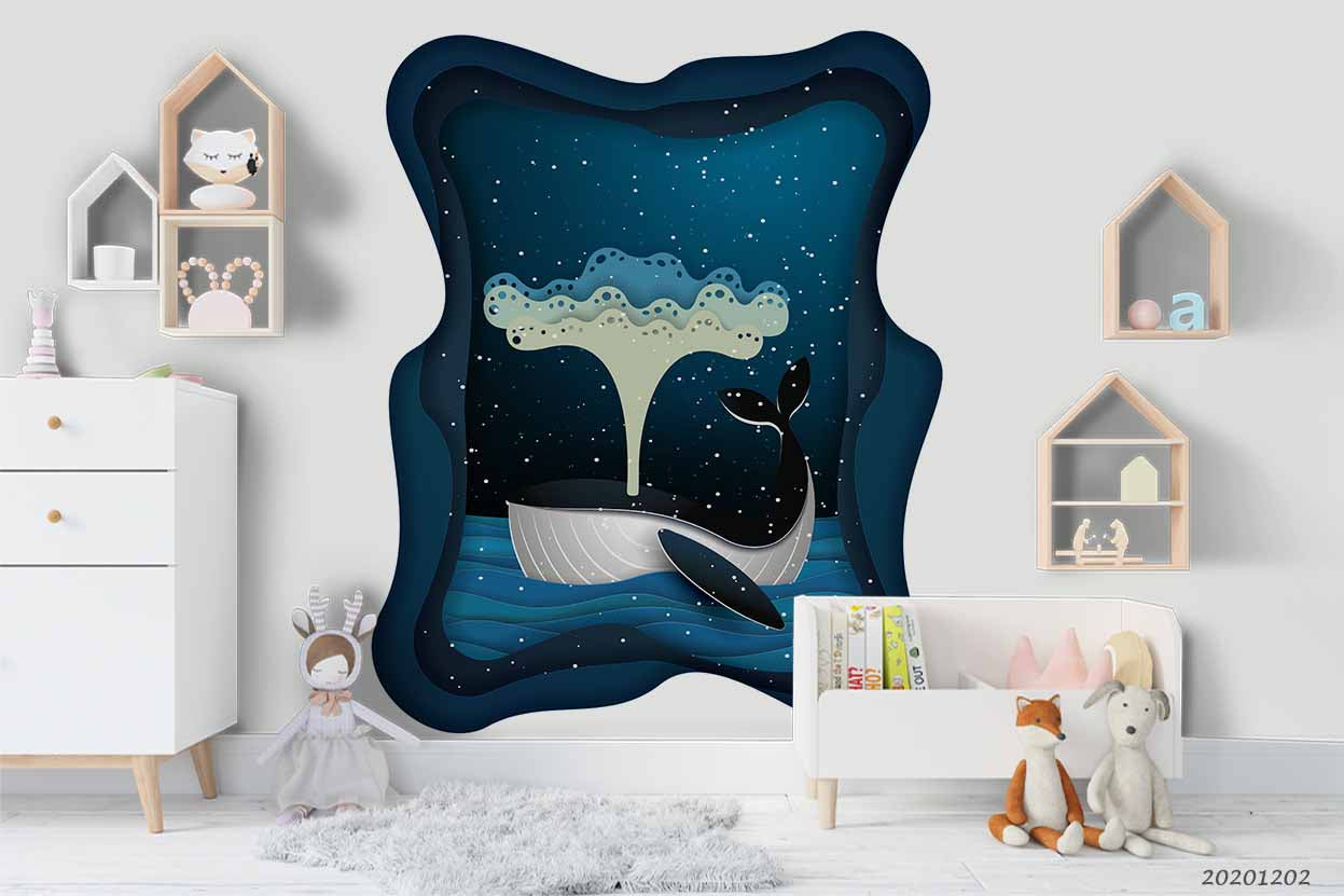 3D Cartoon Hand Drawn Starry Night Ocean Whale Fish Wall Mural Wallpaper Lxl