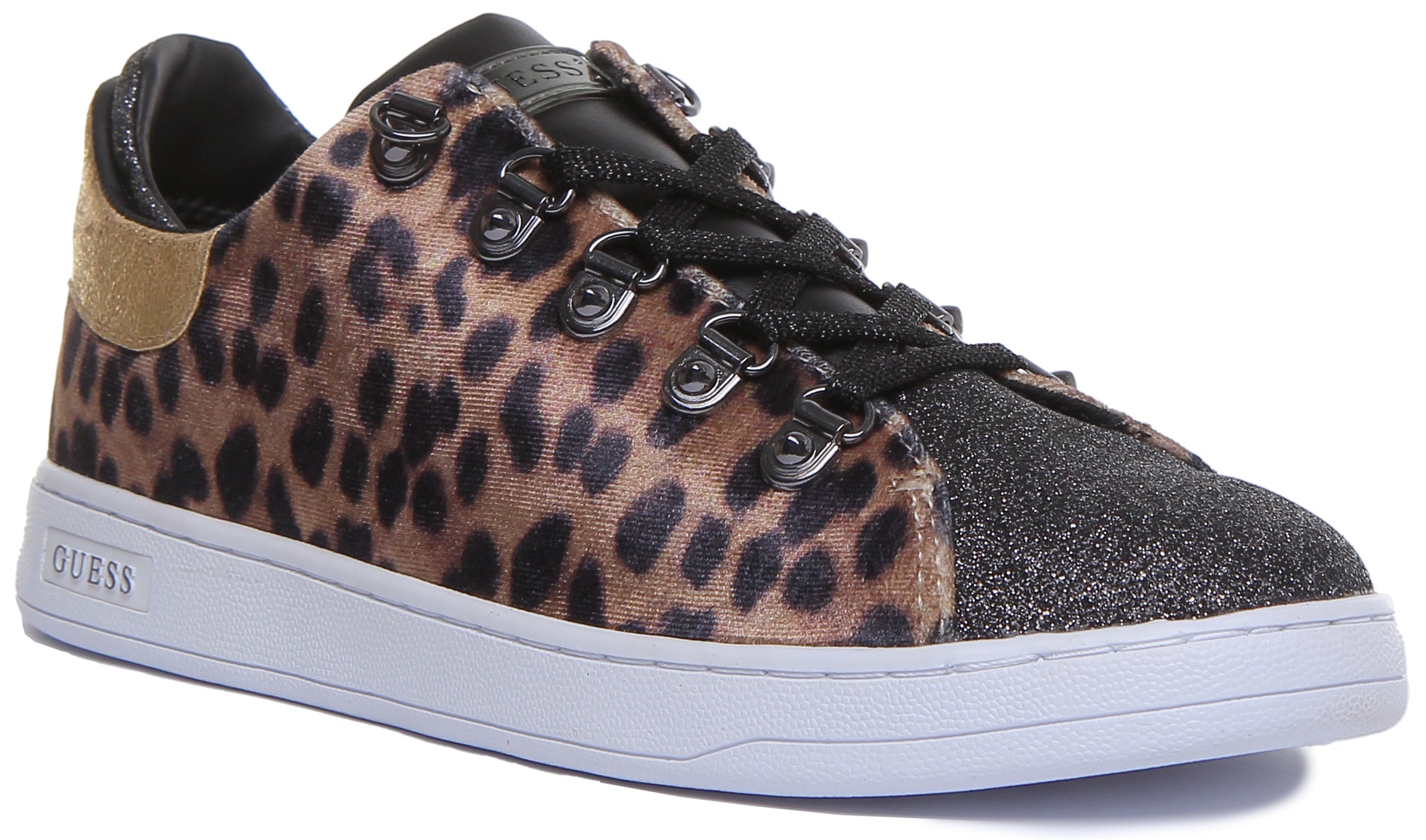 Guess Charlez 2 Active Women’S Lace Up Glitter Sneakers In Leopard