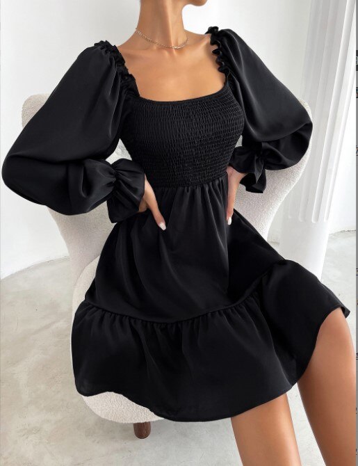 2022 Square Neck Long Sleeve Ruffle High Waist Pullover Tight Temperament Commuter Even women’s Dress alx