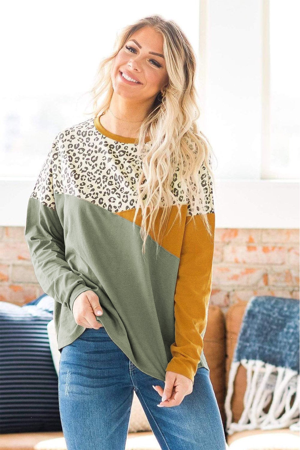 Azura Exchange Green Leopard Color Block Splicing Long Sleeve Top