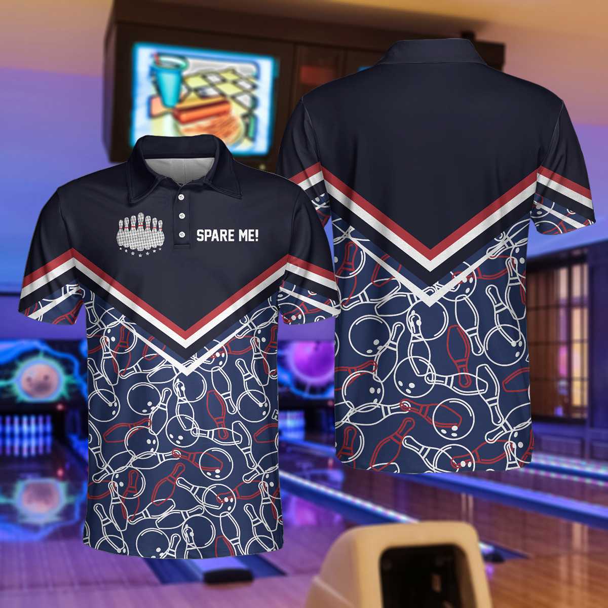 Spare Me Bowling Short Sleeve Polo Shirt, Bowling Ball And Pin Pattern Polo Shirt, Best Bowling Shirt For Men Coolspod