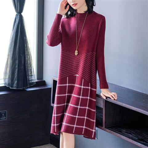 Autumn Winter Long Sleeves Sweater Dress Fashion Plaid and Striped Knitting Dress Elegant Women A-line Sweater Dresses alx