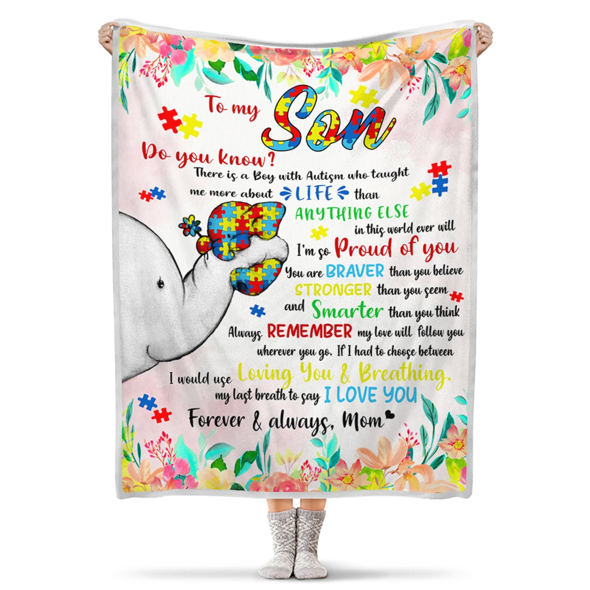 Personalized To My Son Blanket From Mom Autism Elephant Puzzle Design Blanket You Are Stronger Than You Seem