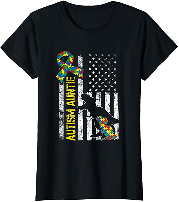 Womens Distressed Dinosaur Autistic Auntie USA Flag Autism Day T-Shirt