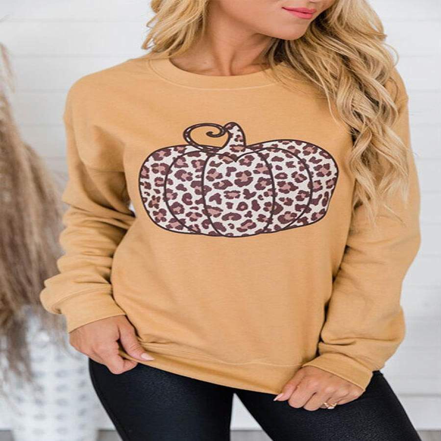 Pumpkin Leopard Print Pullover Sweatshirts