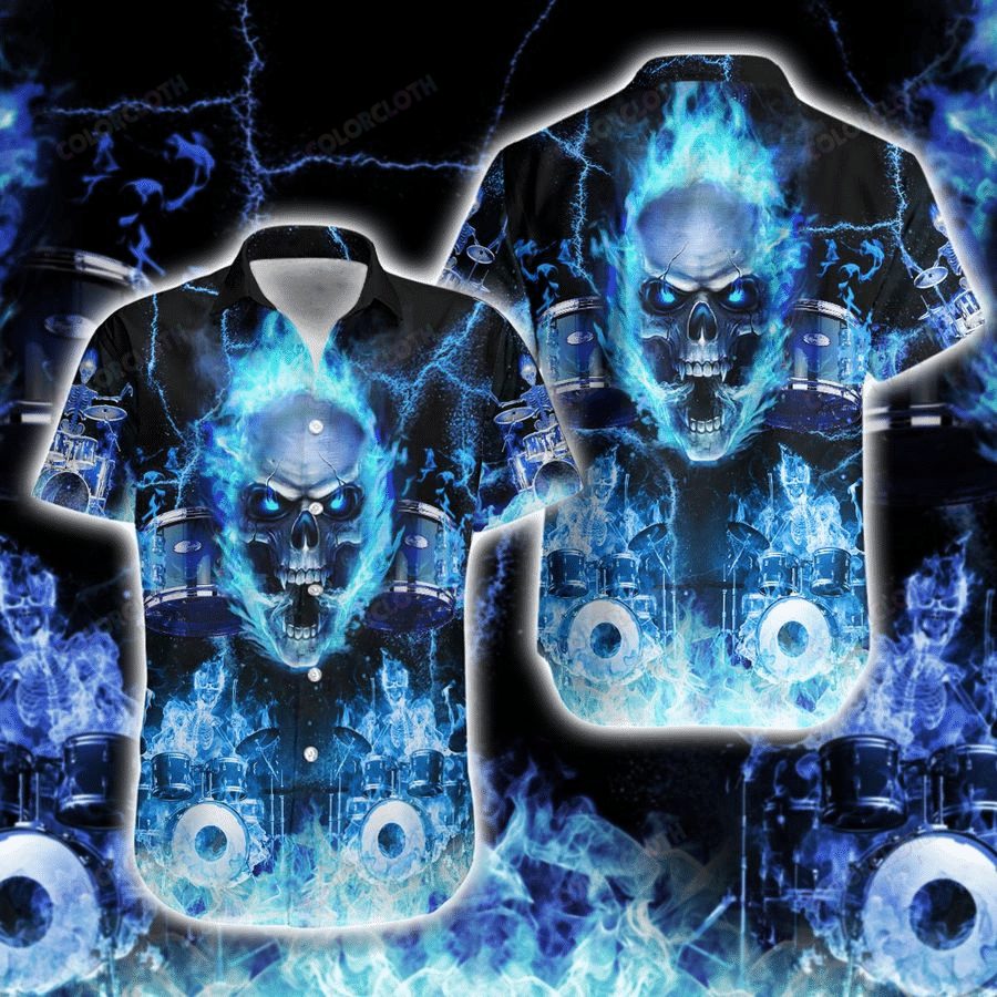 Blue Flame Skeleton Drummer Hawaiian Shirt Tv055931 Summer 2024 Design By Snorider Fashion