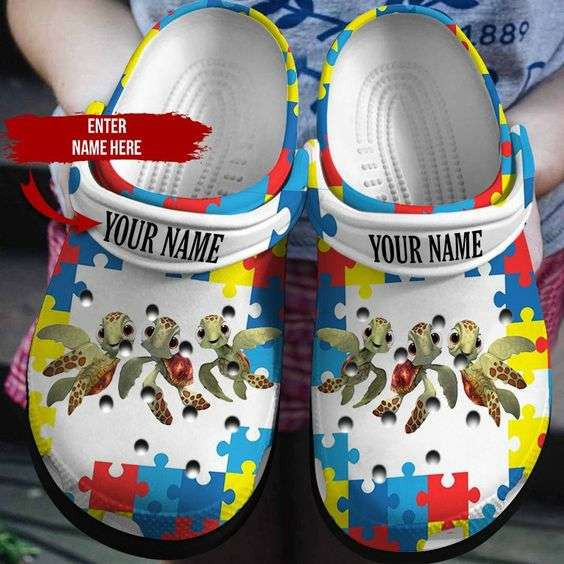 Custom Name Autism Awareness Day Turtles Autism Puzzle Pieces Crocband Clog Shoes