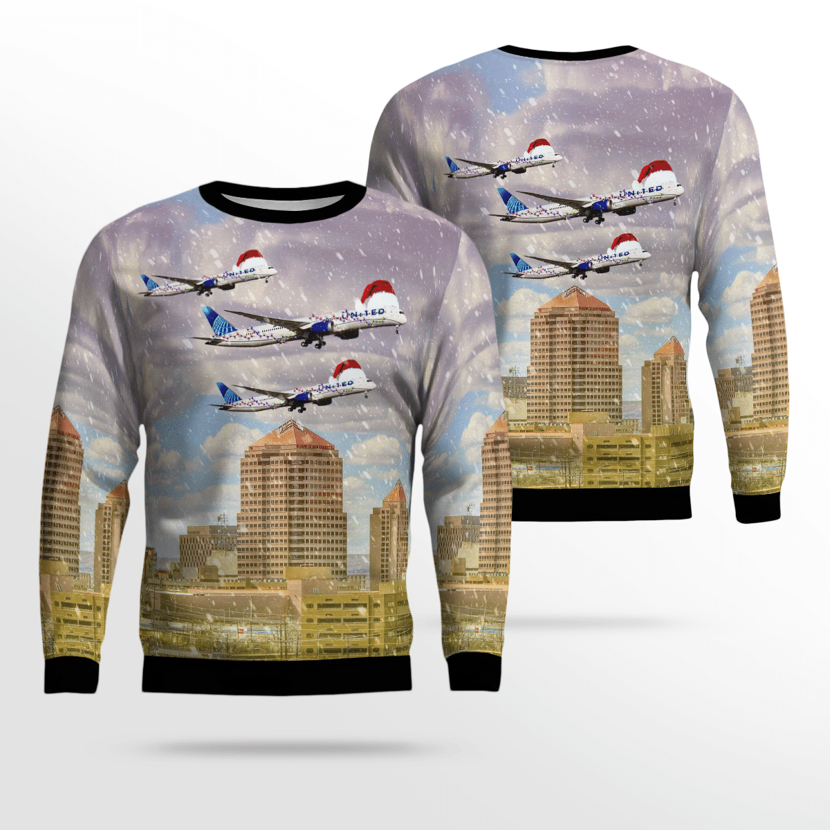 United Airlines Boeing 787 Dreamliner Over Albuquerque Chirtmas Ugly Sweater, All Over Print Sweatshirt