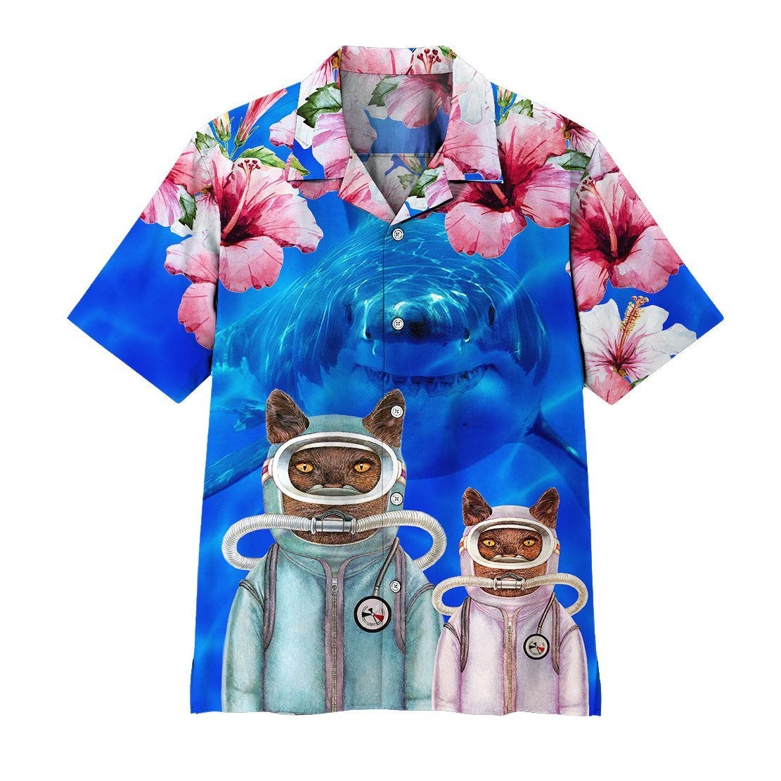 3D Scuba Diving Cats With Shark Behind Hawaiian Shirt | For Men & Women | Adult | Hl1162