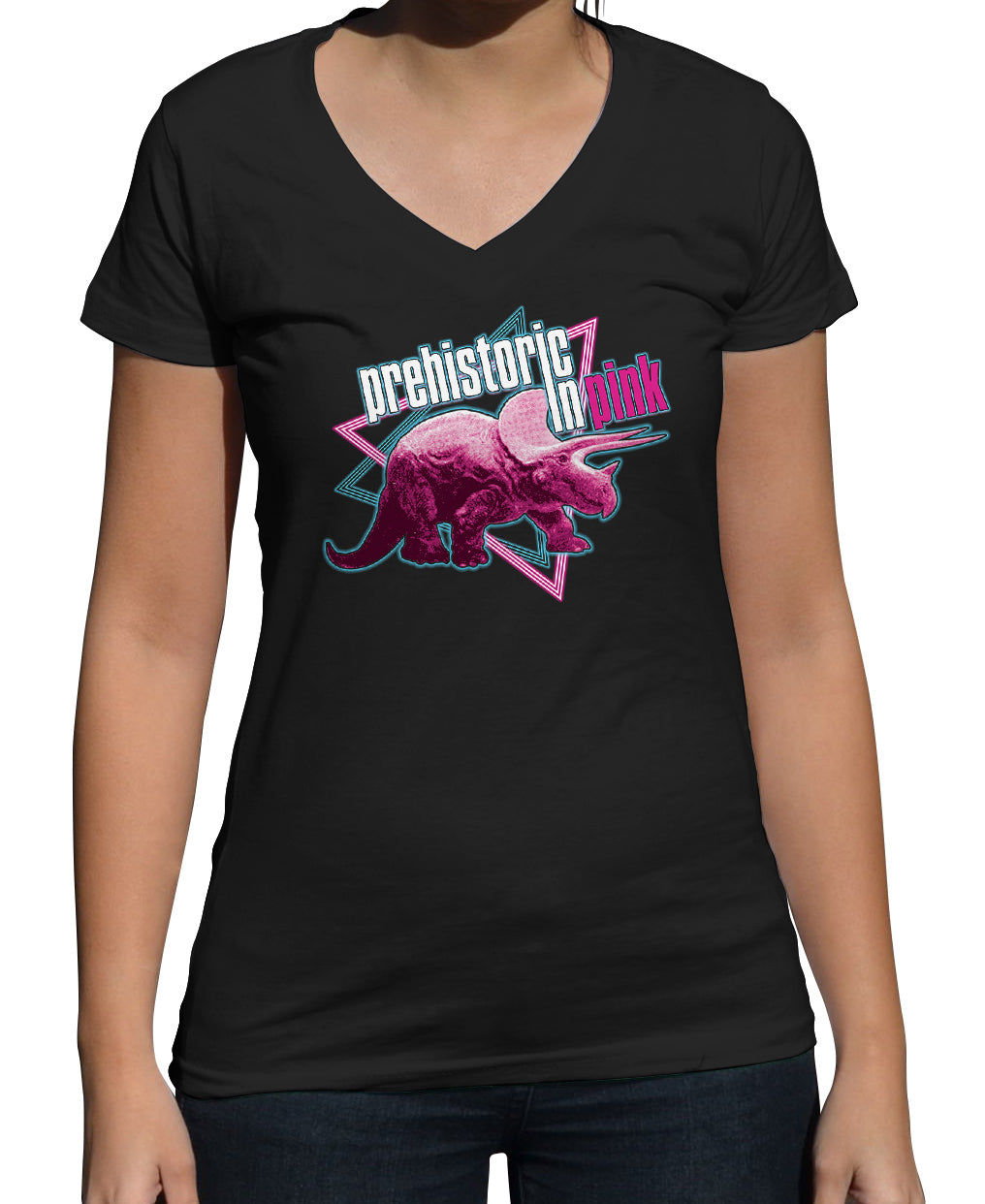 Women’S Prehistoric In Pink Triceratops Vneck T-Shirt – Funny Dinosaur Shirt