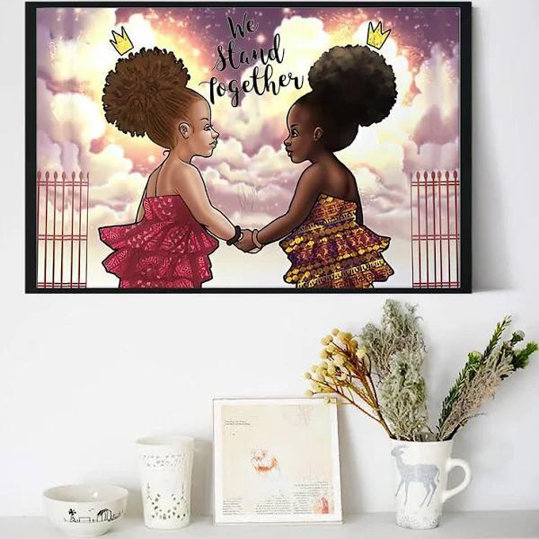 We Stand Together Canvas, Afro Girls Print Art, Black Melanin Wall Decor, Black Pride Wall Art, Black Princess Poster, Black Kids Art