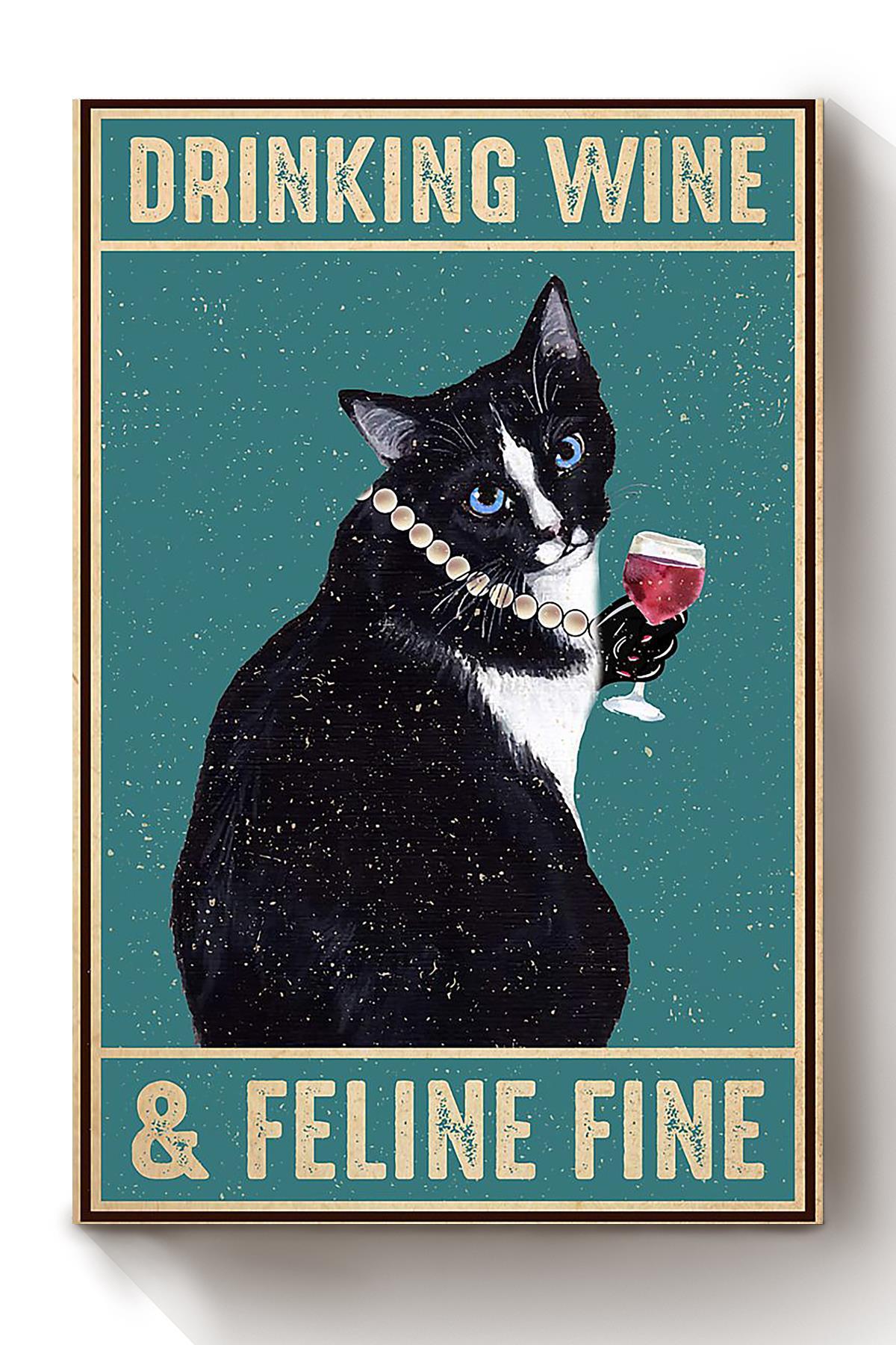 Cat Drinking Wine Feline Fine Animal Wall Art Gift For Cat Lover International Cat Day Kitten Foster Pub Decor Canvas