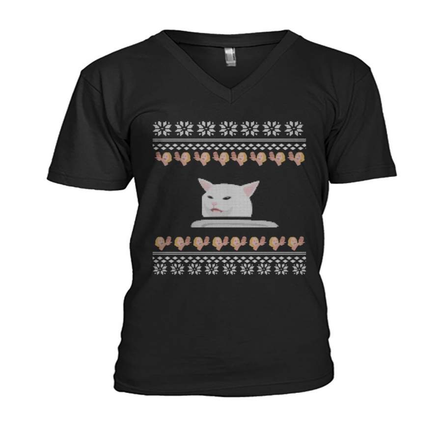 Cat Meme Woman Yelling At Table Dinner Ugly Christmas Sweatshirt Guys V-Neck