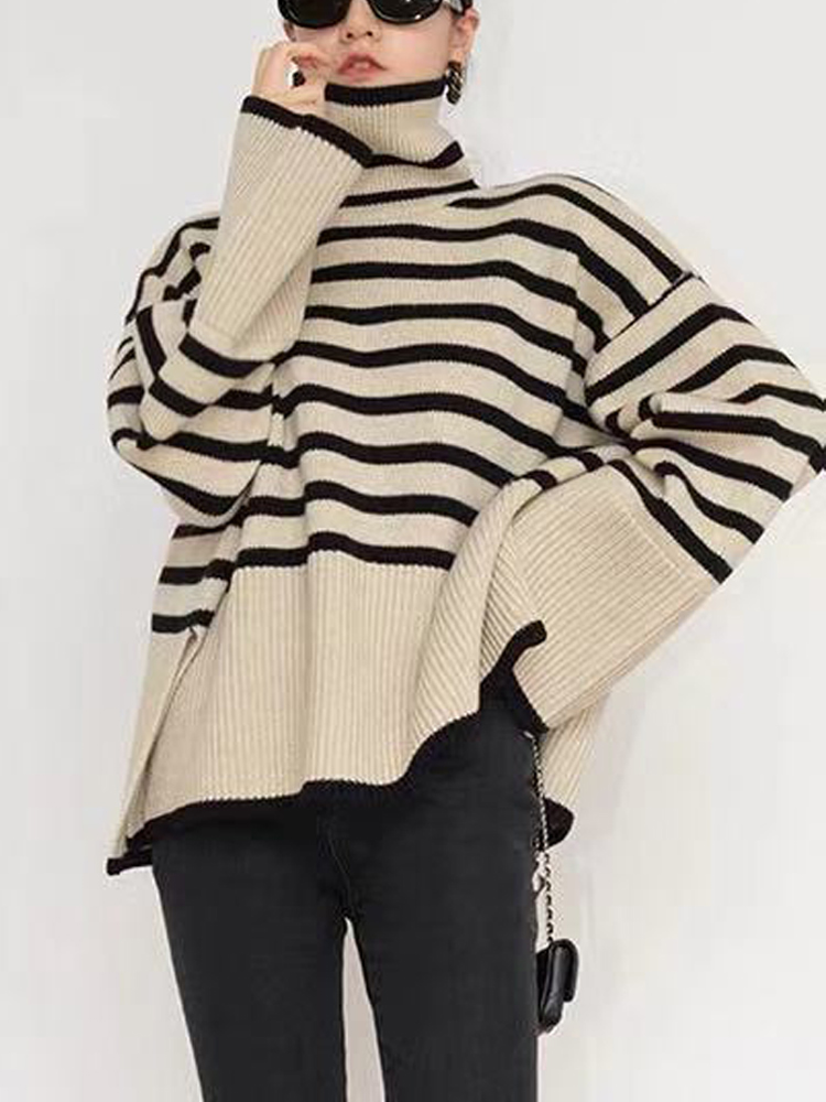 Classic Striped Sweaters Women’s Oversize Turtlenecks 2022 Lazy Baggy Warm Woman Winter Sweater Side Silt Pullover Knitted Tops alx