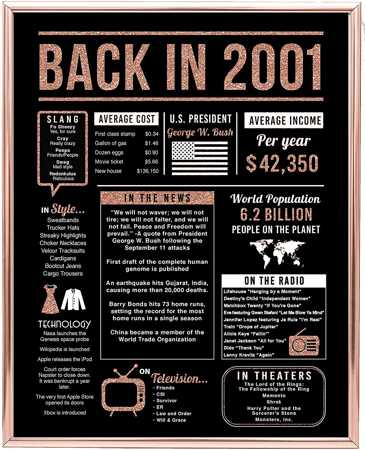 Back In 2001 Hot Events Poster Rose Gold Art Birthday Gifts 19 Year Olds 19Th Anniversary Home Decor Rose Gold Gift For Man Woman Poster