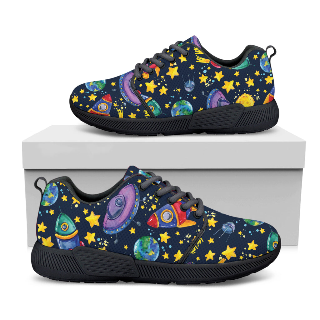 Watercolor Rocket Pattern Print Black Athletic Shoes