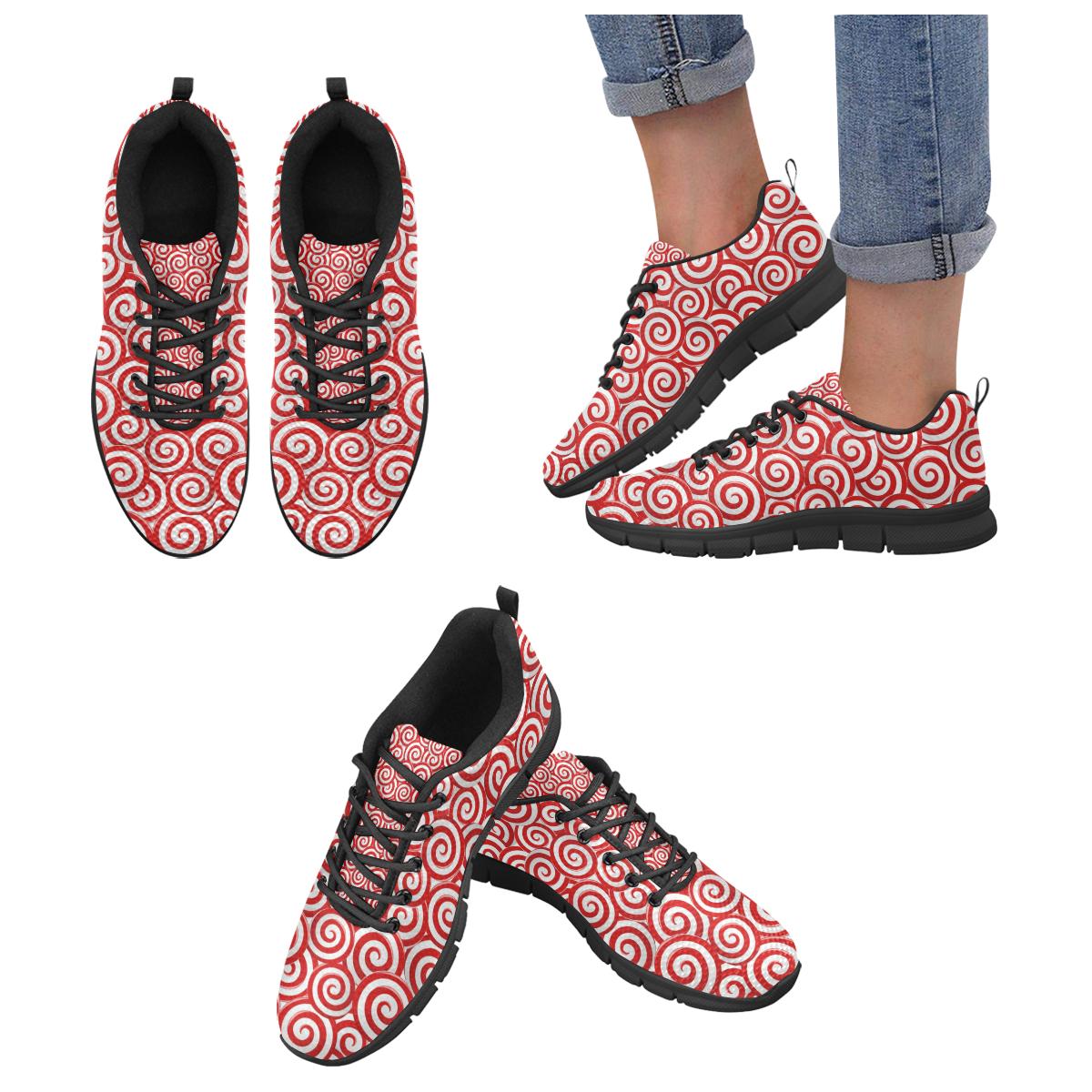 Red and White Candy Spiral Lollipops Pattern Women’s Sneakers Black