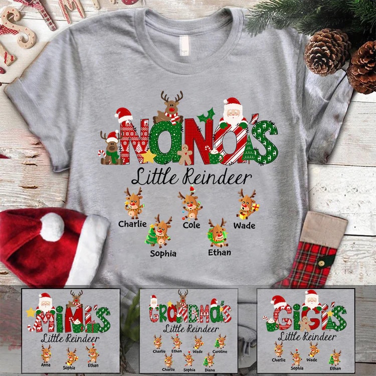 Reindeer Christmas Grandma Shirt, Christmas Nana Shirt with Reindeer kids, Custom Nana Mimi Nickname little reindeer Shirt for Christmas