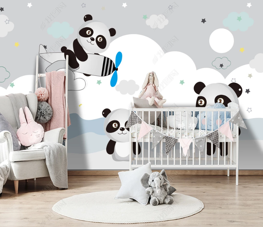 3D Cartoon Animal Panda Cloud Airplane Wall Mural Wallpaper Lqh 33