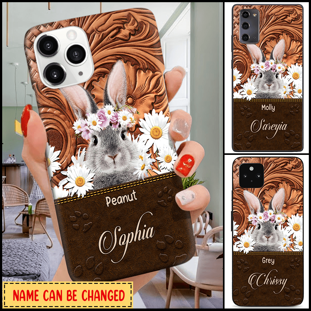 Personalized Rabbit Lovers Phone Casem, Leather Pattern Rabbit With Daisy Rabbit Daisy Floral Art