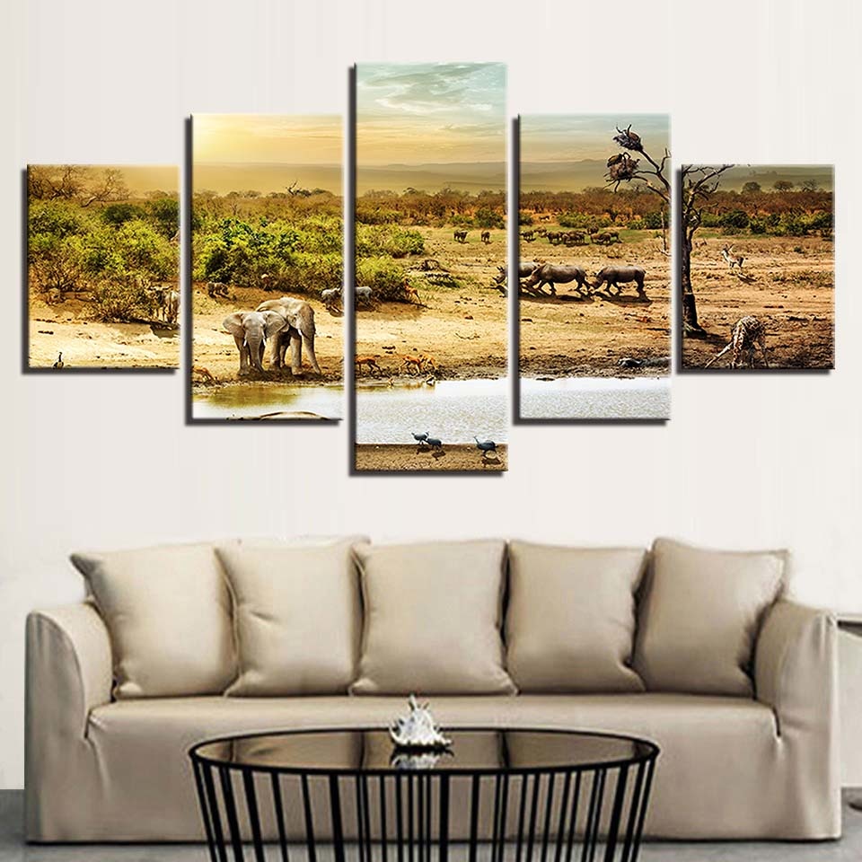 African Forest Elephants 5 Piece Hd Multi Panel Canvas Wall Art Frame