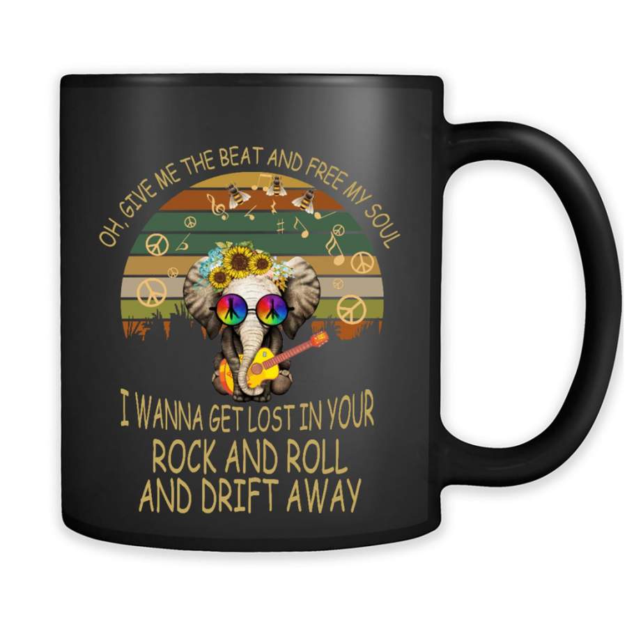 Oh, Give Me The Beat And Free My Soul, I Wanna Get Lost In Your Rock And Roll And Drift Away, Elephant Retro Peace Sign – Full-Wrap Coffee Black Mug