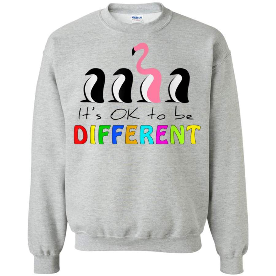 Ok To Be Different Autism Awareness Penguin Flamingo G180 Gildan Crewneck Pullover Sweatshirt 8 oz.