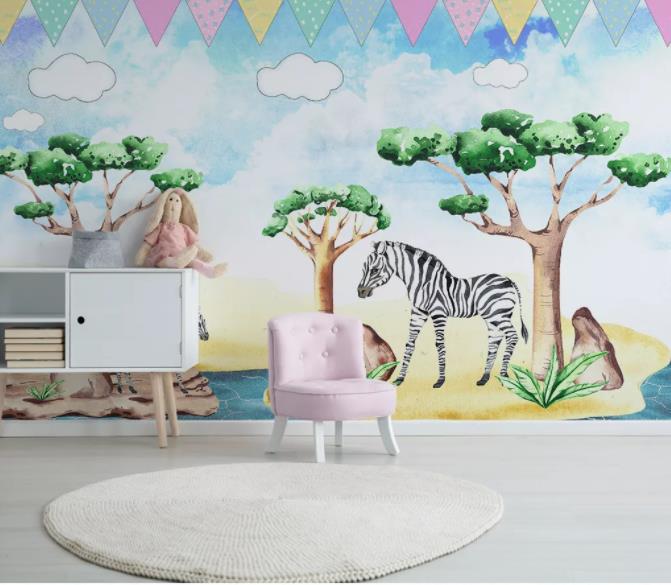 3D Cartoon Tree Animal Wall Mural Wallpaper 86