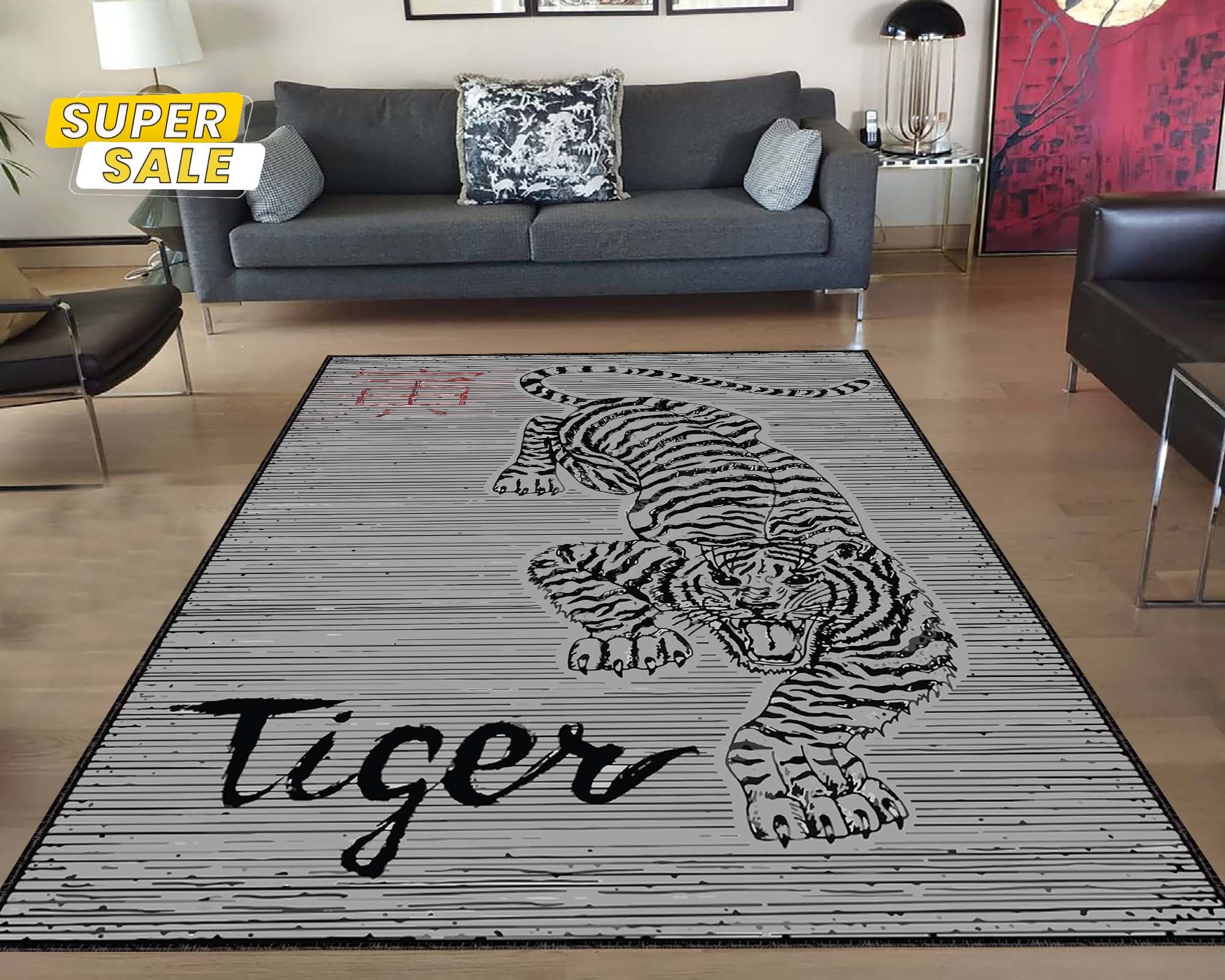 Gray Rug, Tiger Rug, Tiger Rug Tibetan, Tiger Rug Gray, Tiger Rug Rainbow, Tibetan Tiger Animal, Minimalist Rug, Ara Rug, Salon Rug, Bedroom By Blueshirtfarm Fashion