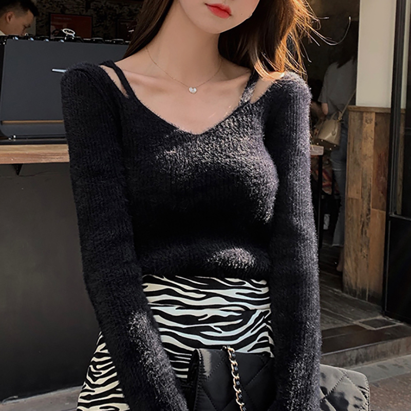 V-Neck Off Shoulder Mink Sweater Women Clothes Long Sleeve Pullover Korean Fashion Sweaters Jumpers Sueter Mujer Invierno 2022 alx