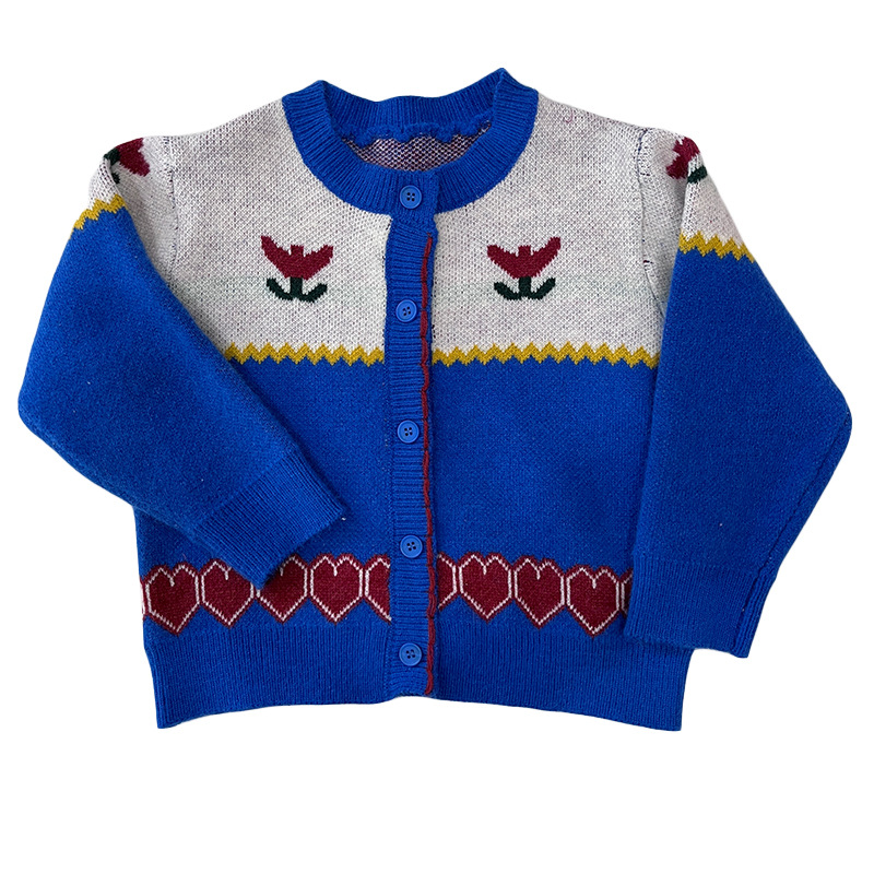 2781C Children Clothes Girl Sweater 2022 Autumn New Korean Retro Jacquard Girl’s Sweater Cardigan 2-9Year Kid’s Sweater alx