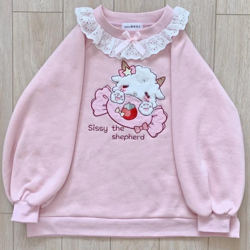 Sweatshirt Kawaii Lace Lamb Candy Embroidery