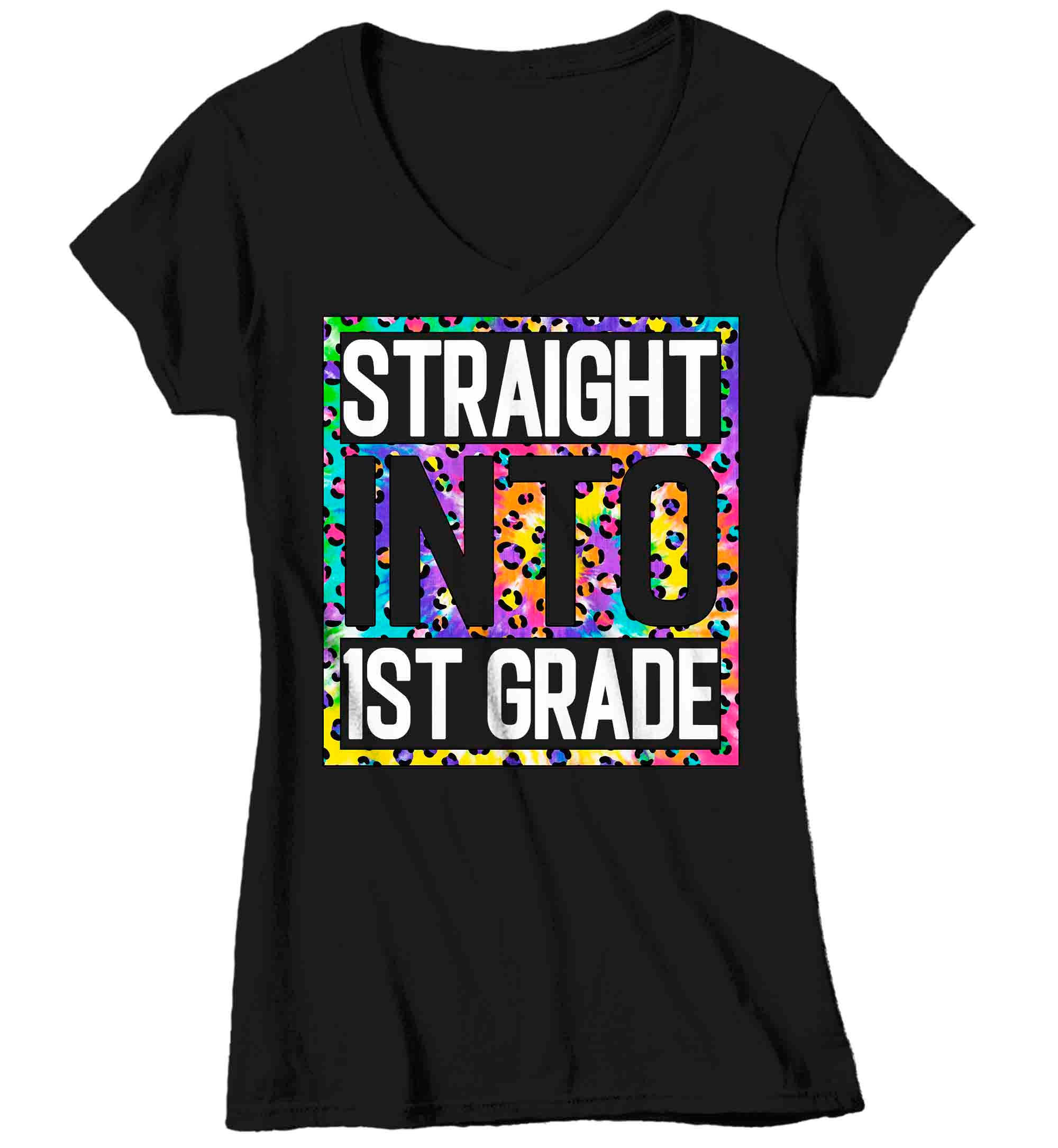 Women’S V-Neck First Grade Teacher Shirt Colorful Leopard Straight Into 1St Gradet Shirt Cute Back To School Shirt Teacher Gift Tshirts Of 00 Women’S V-Neckcopy