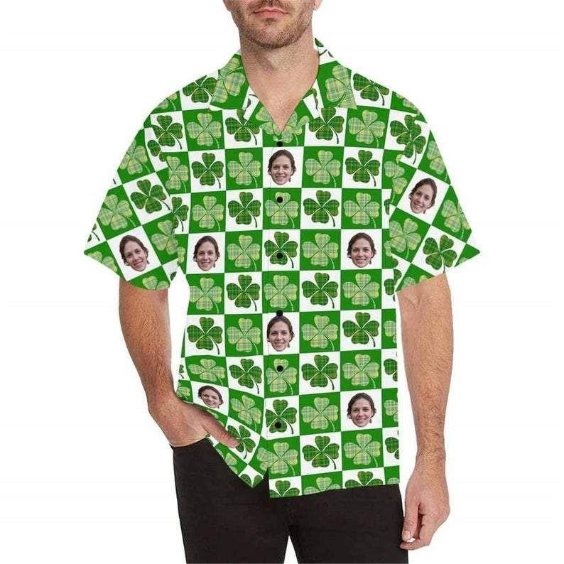 Beach Shirt Get Now Custom Face Clover Customized Personalized St Patricks Day Gifts Hawaiian Unisex Aloha Shirt