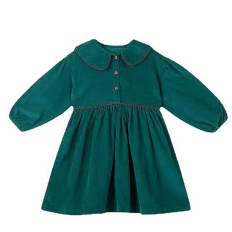 2023 Autumn Girls Corduroy Retro Dress Children Turn Down Collar Clothing Solid Kids Sweet Princess Dresses Fall Long Sleeve alx