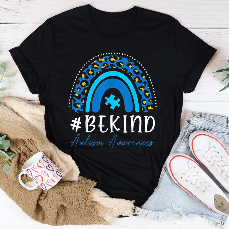 Autism Awareness Shirt Be Kind Autism Awareness Women Girls Leopard Rainbow Print T-Shirt Autism Ribbon Shirts