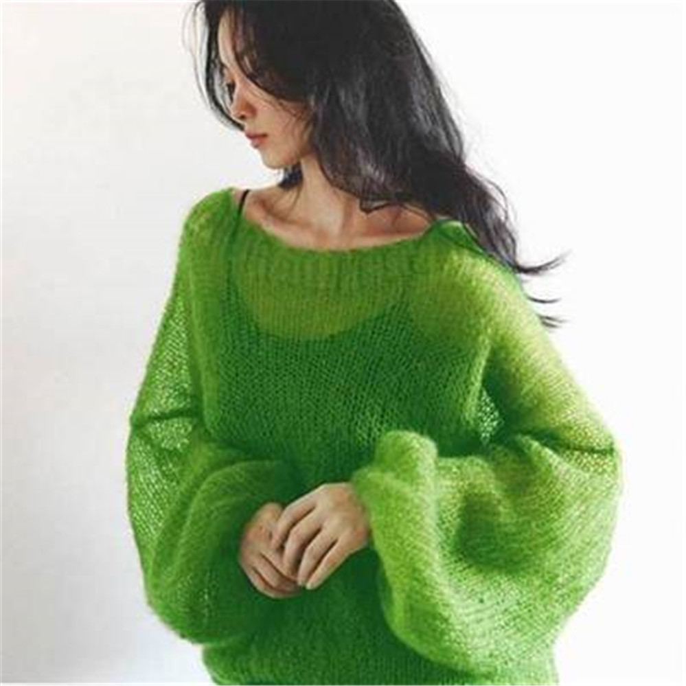 Women Mohair thin sweaters Retro Hollow knitted Pullovers sweet Girls sexy slash neck loose Sweatshirt elegant Korean clothing alx