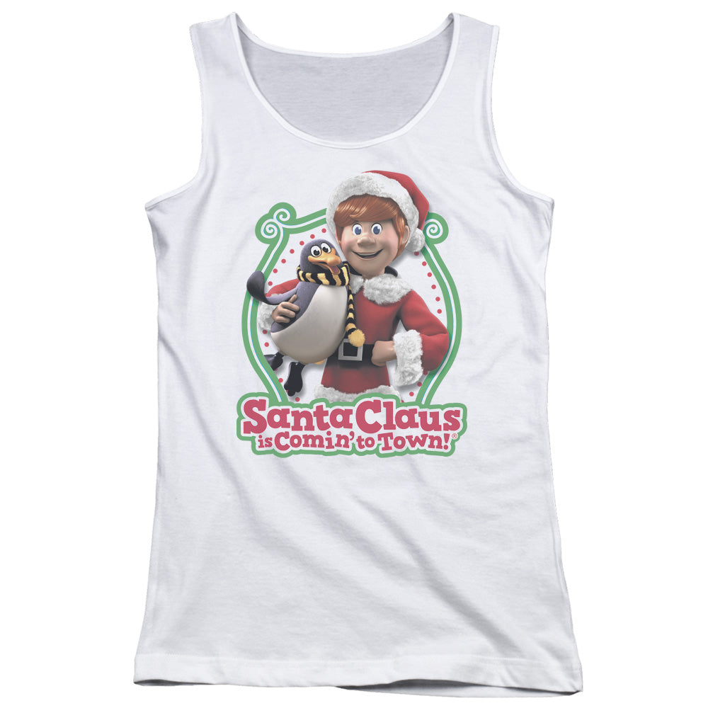 Santa Claus Is Comin To Town Penguin Womens Tank Top Shirt White