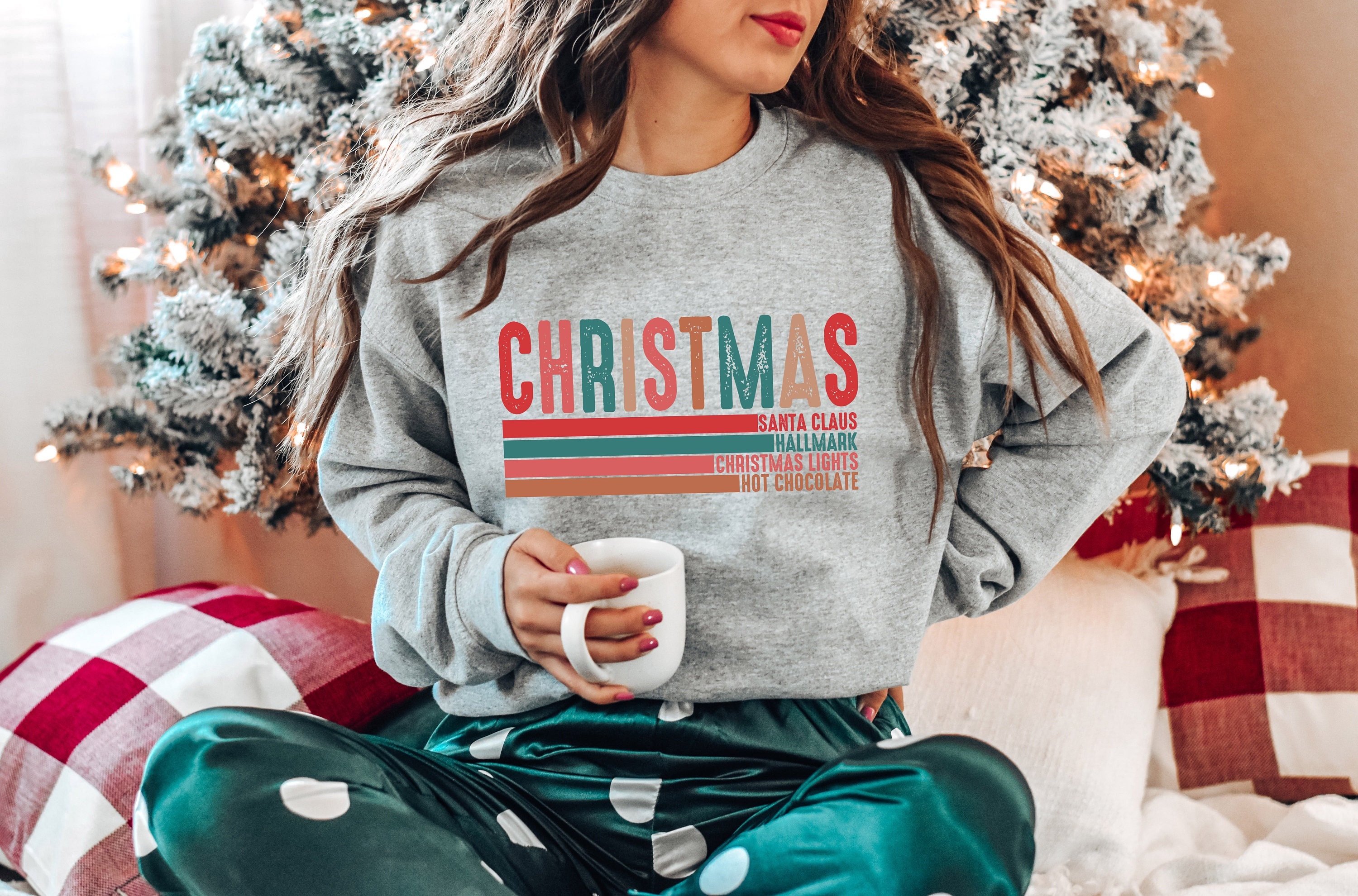 Christmas Sweatshirt, Santa Claus Christmas Sweatshirt, Christmas Lights Sweatshirts, Christmas Hot Chocolate,Merry Christmas Sweatshirt