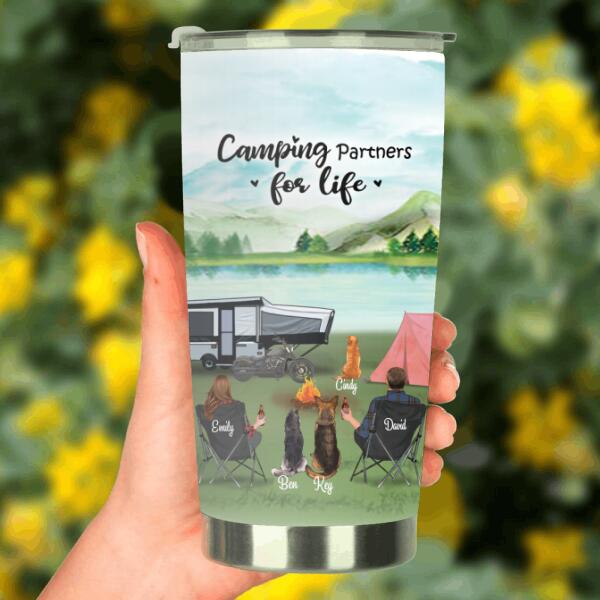 Custom Personalized Camping Tumbler – Gift For Dog Lovers, Camping Couple – Couple & 3 Dogs – Camping Partners For Life